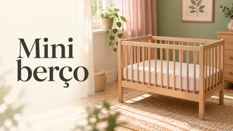 Mini berço de madeira vazio com colchão plano e lençol ajustado, ao lado do texto Mini berço.