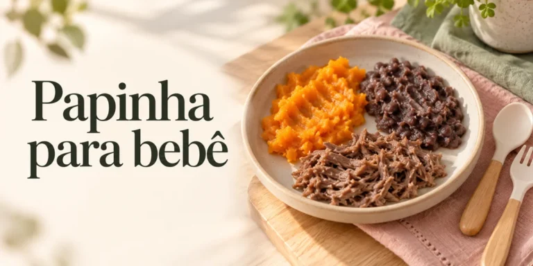 Prato com abóbora, feijão e carne preparados separadamente, ao lado do texto Papinha para bebê.