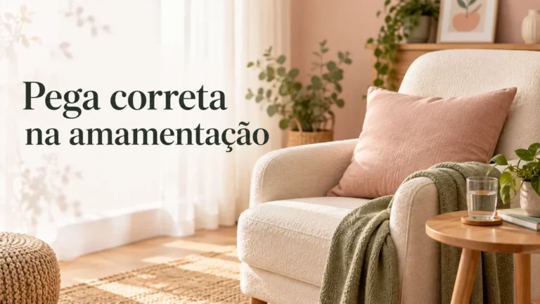 Poltrona vazia com almofada de apoio e copo de água, ao lado do texto Pega correta na amamentação.