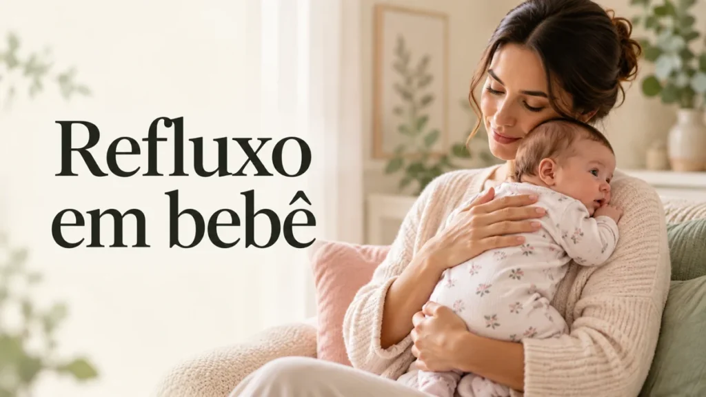 Adulto sentado segurando um bebê na vertical no colo, ao lado do texto Refluxo em bebê.