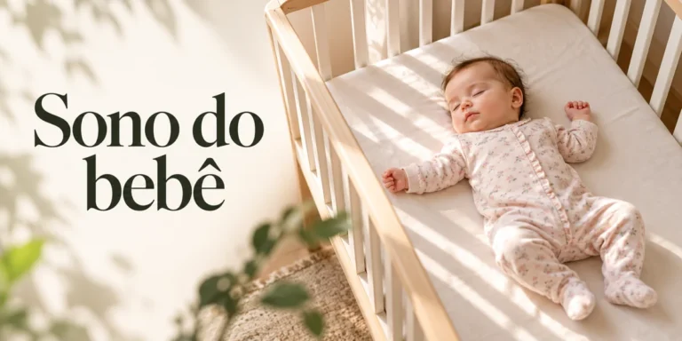 Bebê vestido dormindo de barriga para cima em berço sem objetos soltos, com o texto Sono do bebê.