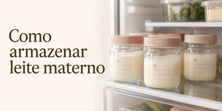 Frascos fechados de leite em uma prateleira refrigerada, ao lado do texto Como armazenar leite materno.