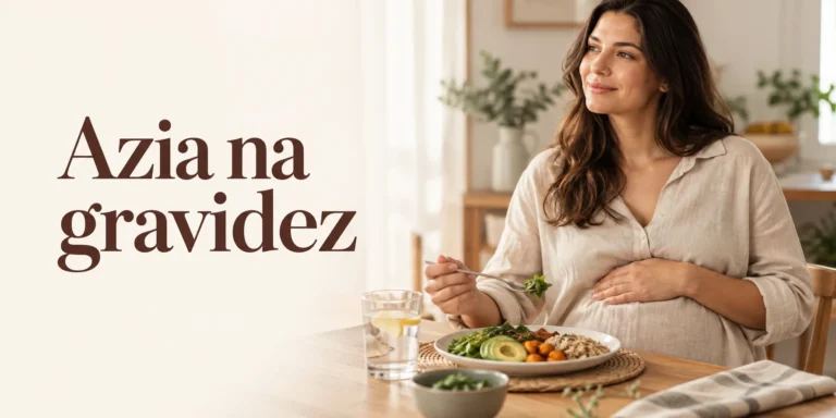 Gestante sentada à mesa com uma refeição, ao lado do texto Azia na gravidez.