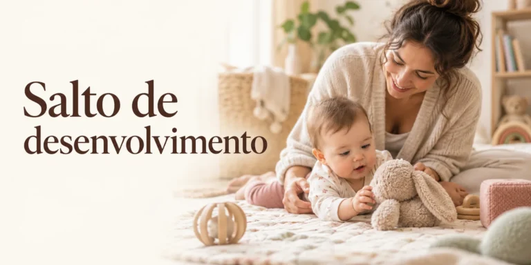 Adulto acompanhando um bebê acordado no tapete, ao lado do texto Salto de desenvolvimento.