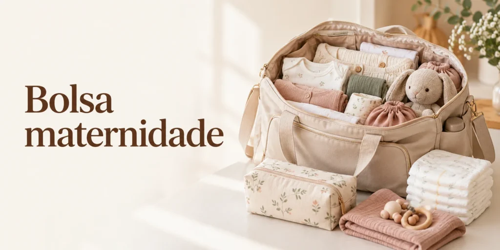 Bolsa bege com roupas de bebê organizadas, ao lado do texto Bolsa maternidade.