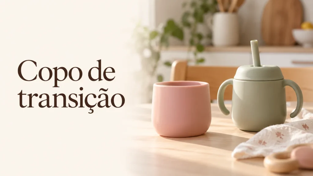 Copo aberto rosado e copo com canudo verde sobre uma mesa, com o texto Copo de transição.
